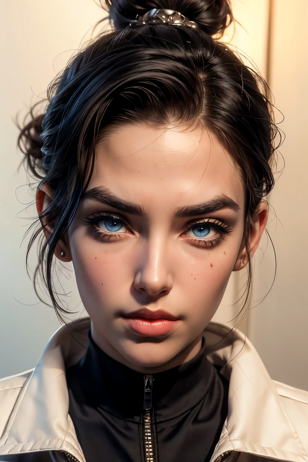 ((( portrait))) of beautiful brunette (female) in her 30s ,mature look, (small mouth) but (thick kissable lips), shy gaze, ((((tiny snob nose)))) ,( prefect shaped eyes),((blue eyes)) ,long eyelashes, eyeliner ,((( thick eyebrows))) , charming, cute , ((( sleek slicked back hair bun ))), ( black hair), fair skin, modern look, stylish , classy, wearing Unbuttoned classic shirt, clivage , ((Castlevania style)), (90s retro style), 3d style