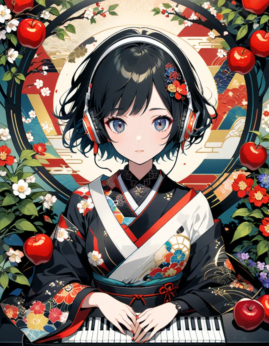 A girl with short hair wearing headphones is playing the piano under an apple tree, surrounded by various flowers and plants in the style of Ukiyo. The background features colorful patterns of Japanese geometric shapes and floral motifs. She wears black adorned with intricate designs, adding to her stylish appearance. Her hands gently touch each key on the keyboard as she plays the music. This illustration combines traditional Japanese art elements with modern design for a unique visual experience. --ar 3:4 --niji 6