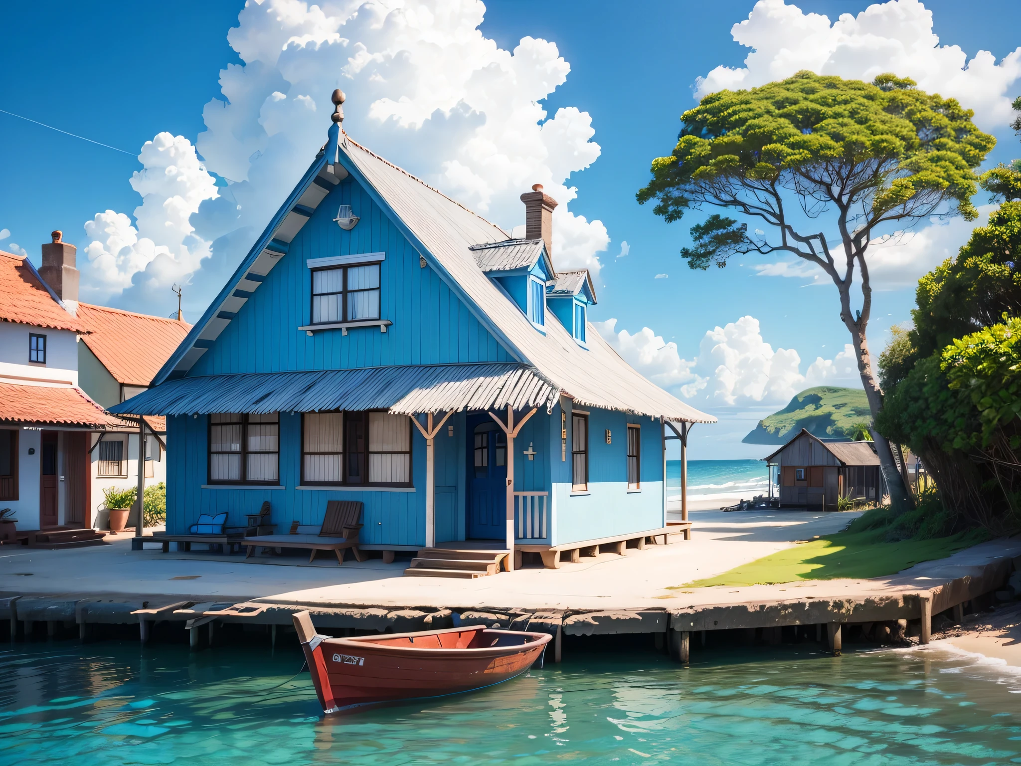 Seaside cottage, Blue sky, Nicaragua, small boats, the detail, 8k HD, best qualit