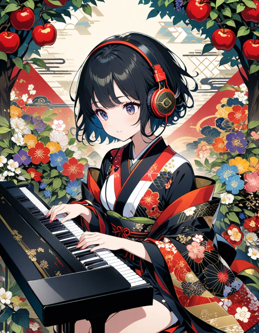 A girl with short hair wearing headphones is playing the piano under an apple tree, surrounded by various flowers and plants in the style of Ukiyo. The background features colorful patterns of Japanese geometric shapes and floral motifs. She wears black adorned with intricate designs, adding to her stylish appearance. Her hands gently touch each key on the keyboard as she plays the music. This illustration combines traditional Japanese art elements with modern design for a unique visual experience. --ar 3:4 --niji 6