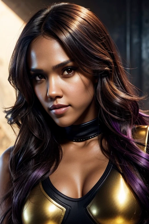 Jessica Alba, A cute girl with brown skin, sexy body, wavy purple hair [with shades of black], golden eyes (shiny), ultra realistic eyes, with a pistol, jumping, with sniper outfit, Valorant Riot game, round face, realistic lighting, Radiosity, Close UP.