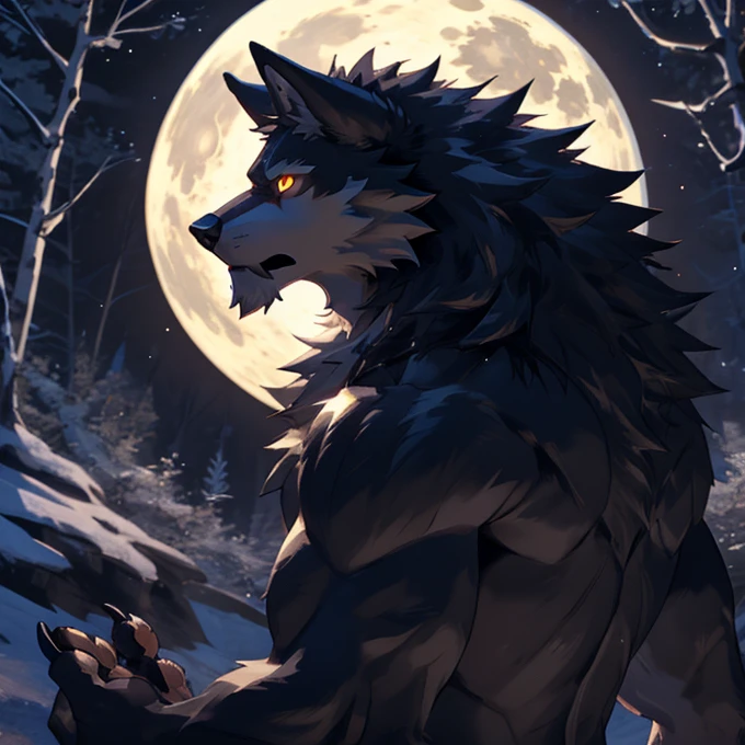 furry, anthro,
werewolf,wolf ears,wolf tail, dark grey and white fur, messy fur, yellow glowing eyes, sabertooth, muscular body, handsome, monstrous,
looking up, howling at a full moon in a forest at night, alone,
naked,
pawpads, black pawpads,
best quality, 4K, UHD, masterpiece,