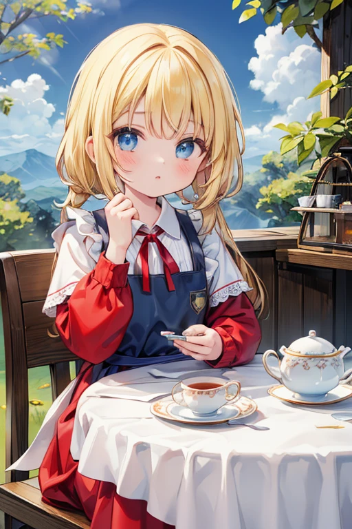 (8k, highest quality, Tabletop:1.2)、Ultra-high resolution, Detailed face, One 10-year-old girl, blue eyes, Blonde, Braid, Long Hair, Red ribbon on head, Red dress, White apron, blue sky, in the forest, wood々, table cloth, Set of cake and tea on the table, Sit on a chair