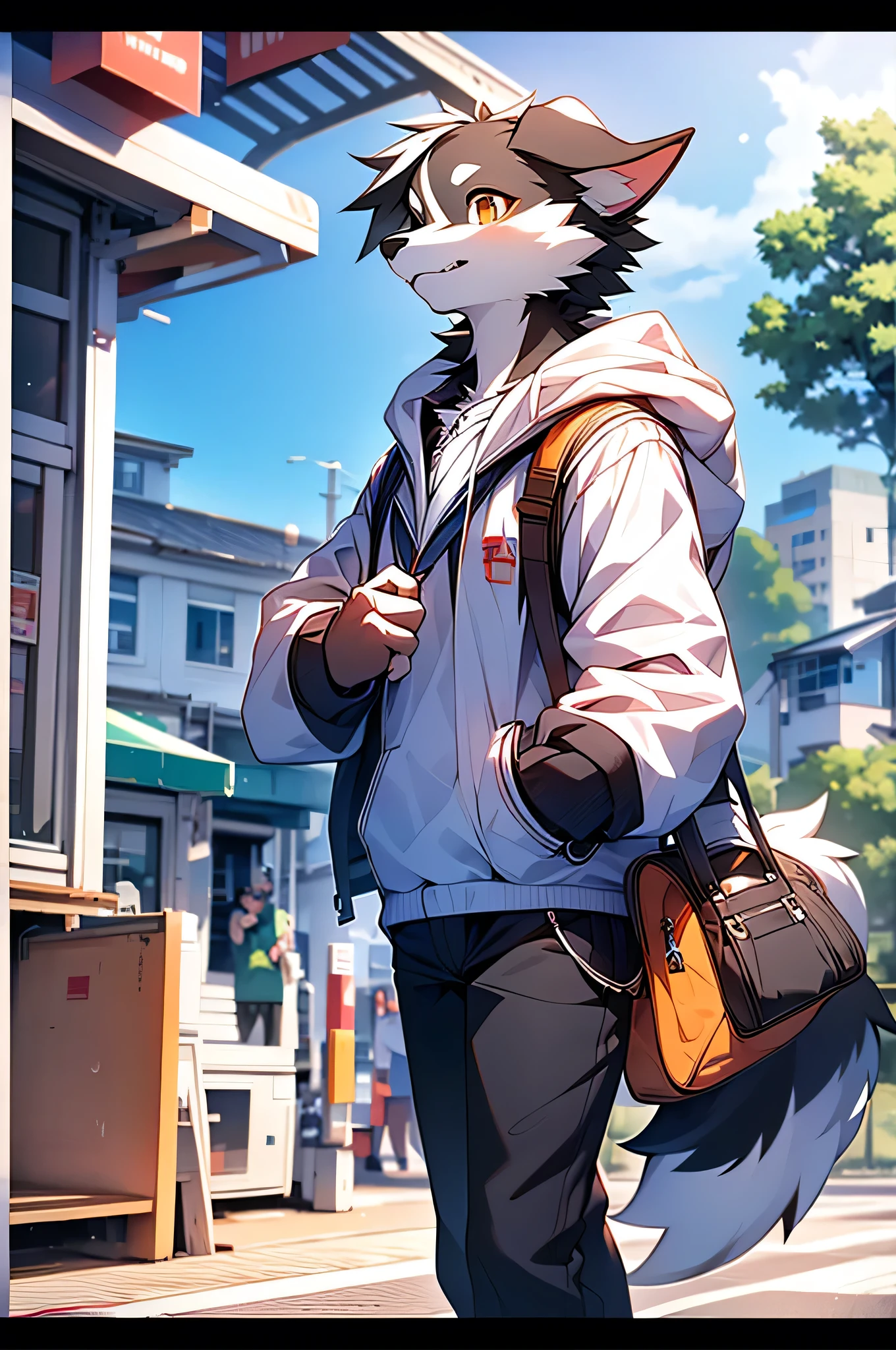 Border collie boy，high school student，uniform，Age 15 years old，Going to school by train，tail， 4K ultra-vivid，High resolution，