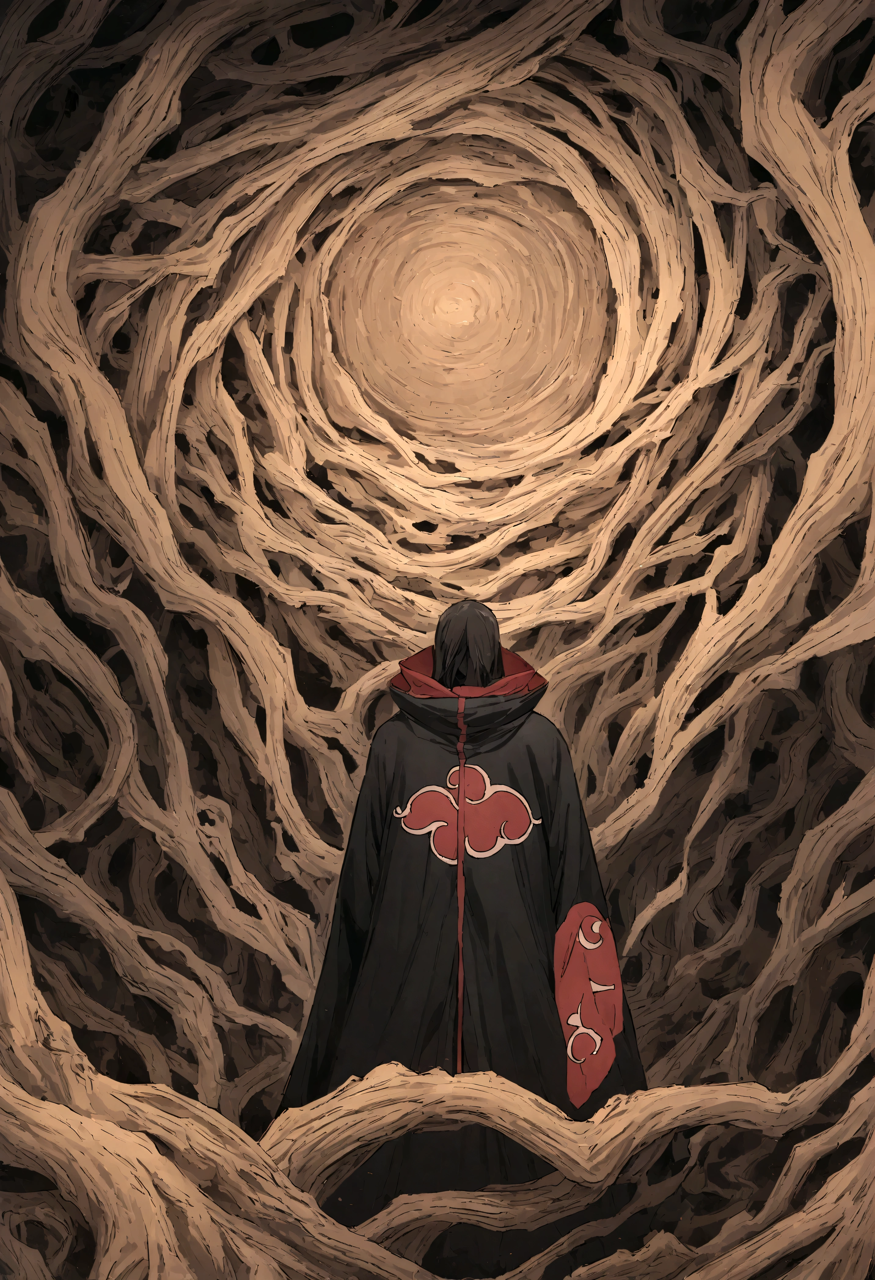 masashi kishimoto's comic art, robot surrounded by wood and metal textures, wearing an akatsuki cloak with scarves covering the neck, fundo um deserto vazio e quente