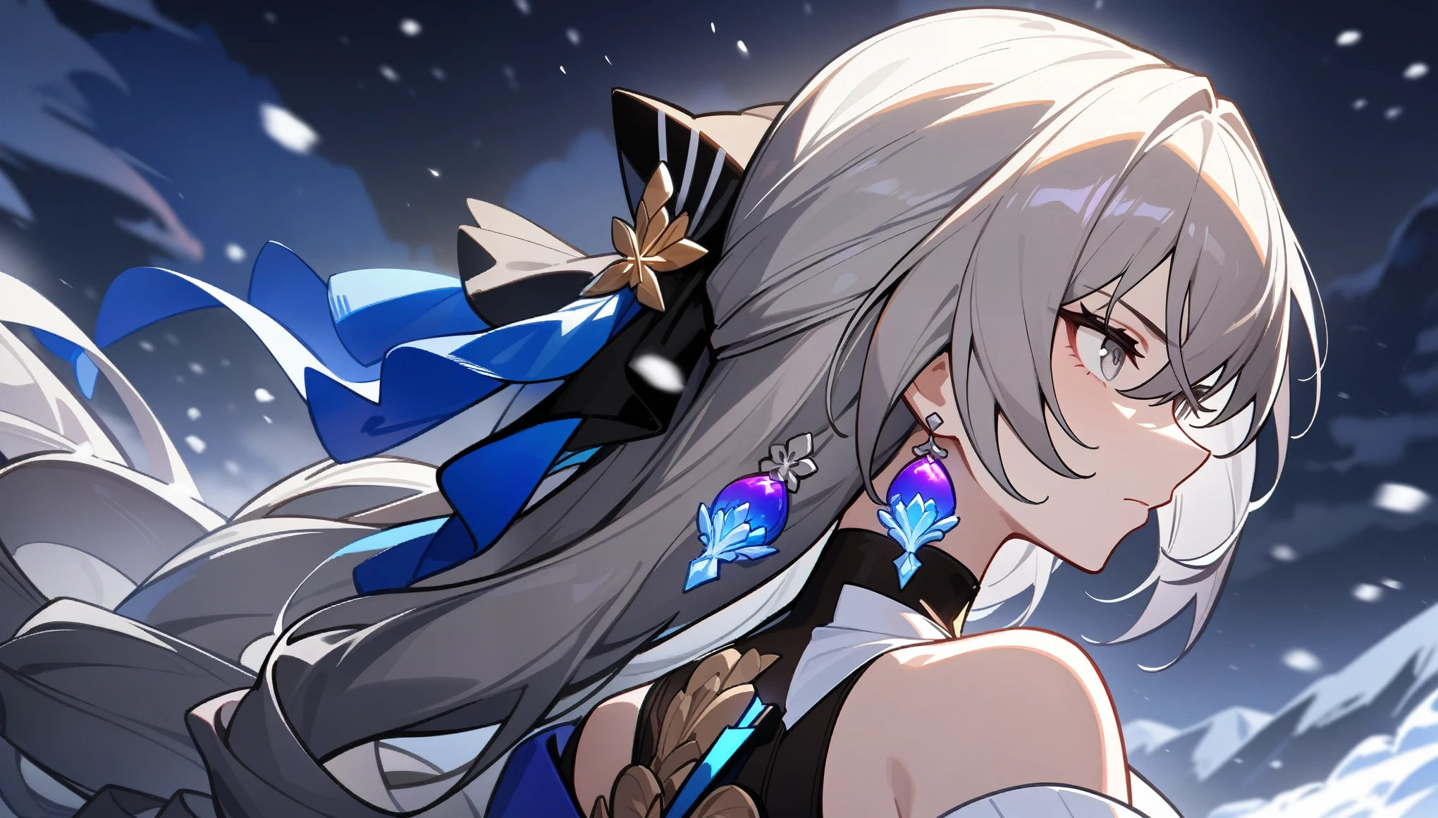 1girl, female focus, bronya, bronya rand, honkai star rail, masterpiece, best quality, extreme close up, side profile, back turned, detailed grey eyes, serious expression, blizzard, snowy mountains, absurdres, epic composition, centered, masterpiece, clean lineart, clean anime outlines, best quality, high quality, high details, super detail, anatomically correct, best quality, ultra-detailed, colorful, dynamic lighting, HD, 