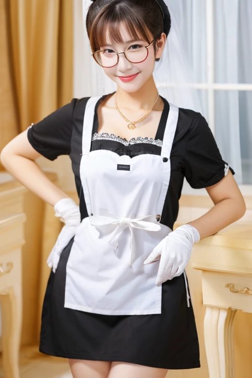 highest quality、masterpiece、High sensitivity、High resolution、 body shape、Glasses、apron、