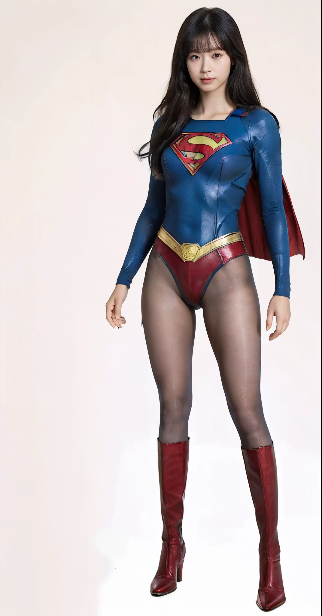 No background、(((Beautiful legs in black tights.)))、(((Legally express the beauty of your smile)))、((((Make the most of your original images)))、(((Supergirl Costume)))、(((Beautiful hairstyle)))、(((suffering)))、(((Please wear black tights....、Wear red boots)))、((Best image quality、8k))、((highest quality、8k、masterpiece:1.3))、(((Preserve background )))、Sharp focus:1.2、Beautiful woman with perfect figure:1.4、Slim Abs:1.2、Wet body:1.5、Highly detailed face and skin texture、8k