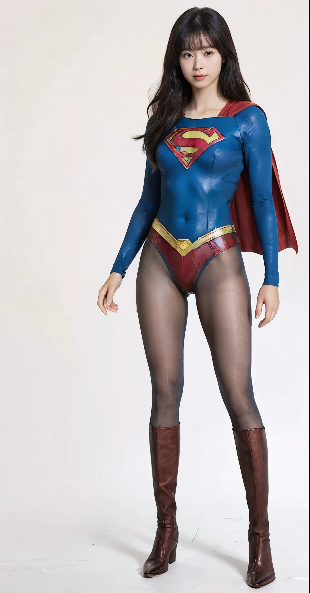 No background、(((Beautiful legs in black tights.)))、(((Legally express the beauty of your smile)))、((((Make the most of your original images)))、(((Supergirl Costume)))、(((Beautiful hairstyle)))、(((suffering)))、(((Please wear black tights....、Wear red boots)))、((Best image quality、8k))、((highest quality、8k、masterpiece:1.3))、(((Preserve background )))、Sharp focus:1.2、Beautiful woman with perfect figure:1.4、Slim Abs:1.2、Wet body:1.5、Highly detailed face and skin texture、8k