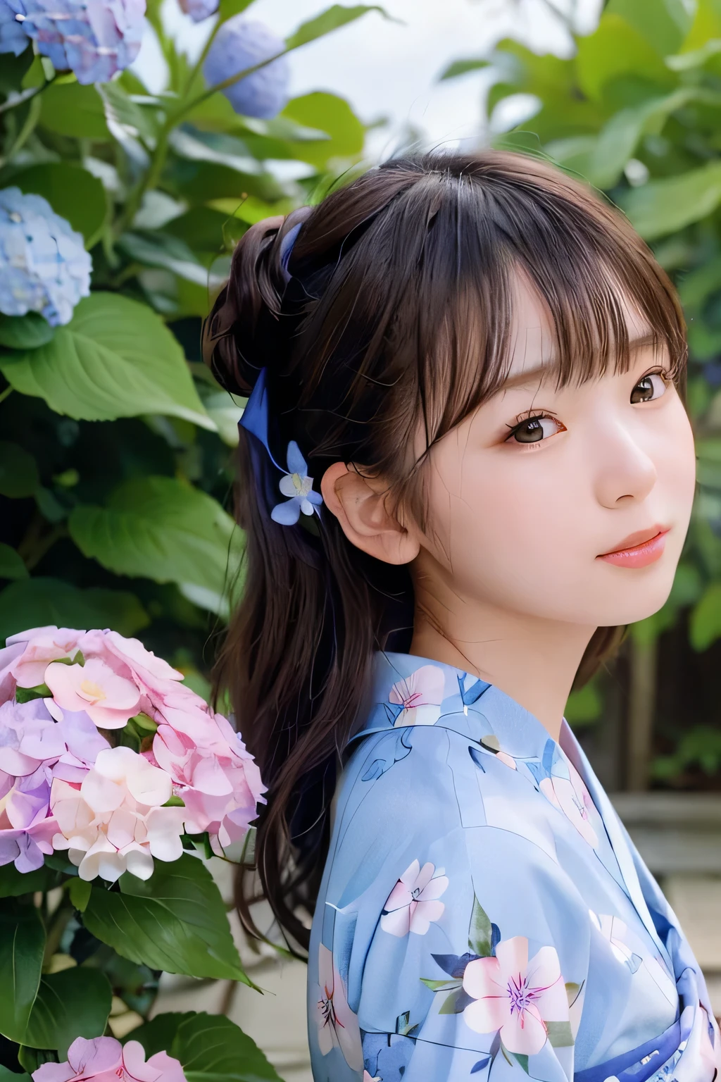 8k、highest quality、masterpiece、Portraiture、１People cute girl、(Up shot close up)、slim、(((Flat body)))、Hydrangea background、Wearing a blue yukata with hydrangea pattern、Bun Hair、Open Front、looking back