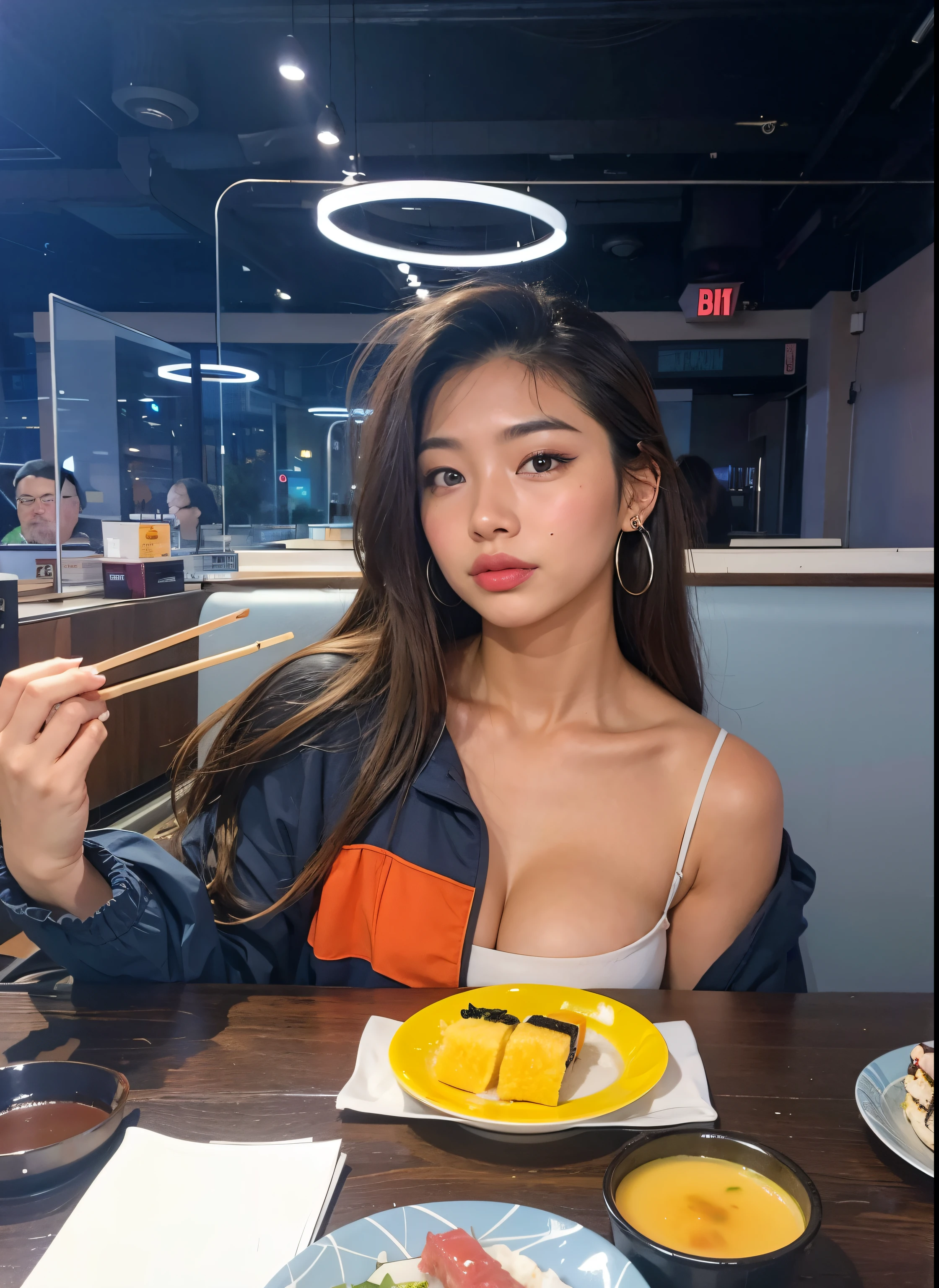 Araffe Asian woman eating sushi in a restaurant with chopsticks, a young asian woman, comer sushi, Beautiful Asian girl, young asian girl, ela tem cerca de 2 0 anos, gemma chen, ela tem cerca de 20 anos, Mukbang, 19-year-old girl,  anime na vida real, Mulher sul-coreana bonita