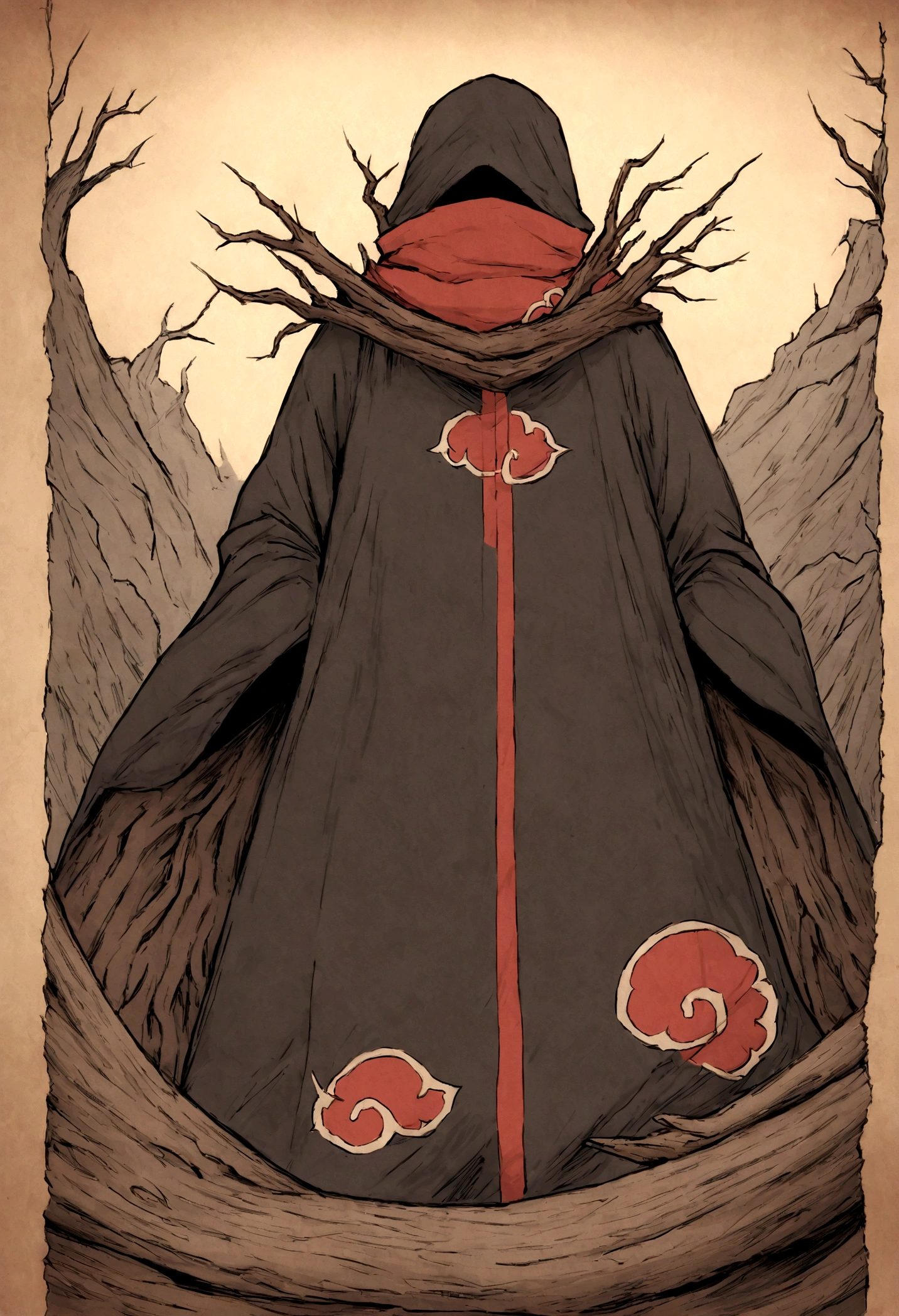 masashi kishimoto&#39;s comic art, robot surrounded by wood and metal textures, wearing an akatsuki cloak with scarves covering the neck, fundo um deserto vazio e quente