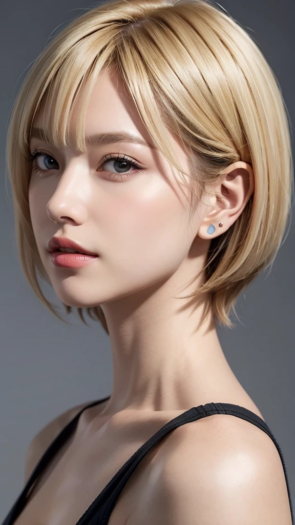 kur1, 1girl, solo, alone,(close up:1.4), (highest quality, highest resolution, masterpiece :1.4), (8K, UHD,:1.4),(Realistic, photo-realistic:1.4),(blonde hair:1.5),(Both ears are obscured by hair:1.4), (many bangs:1.4), (short hair:1.4),sports bra,(gray background:1.4),(Both ears hidden by hair:1.4)