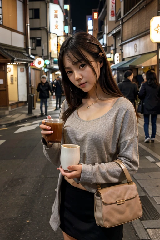 Thin small bust thin Japanese girl in warm casual clothes drinking tea on street in Japan