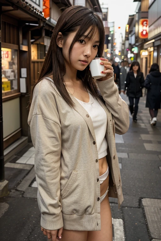 Thin small bust thin Japanese girl in warm casual clothes drinking tea on street in Japan 