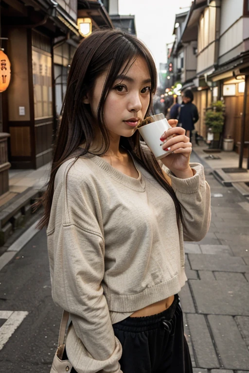 Thin small bust thin Japanese girl in warm casual clothes drinking tea on street in Japan
