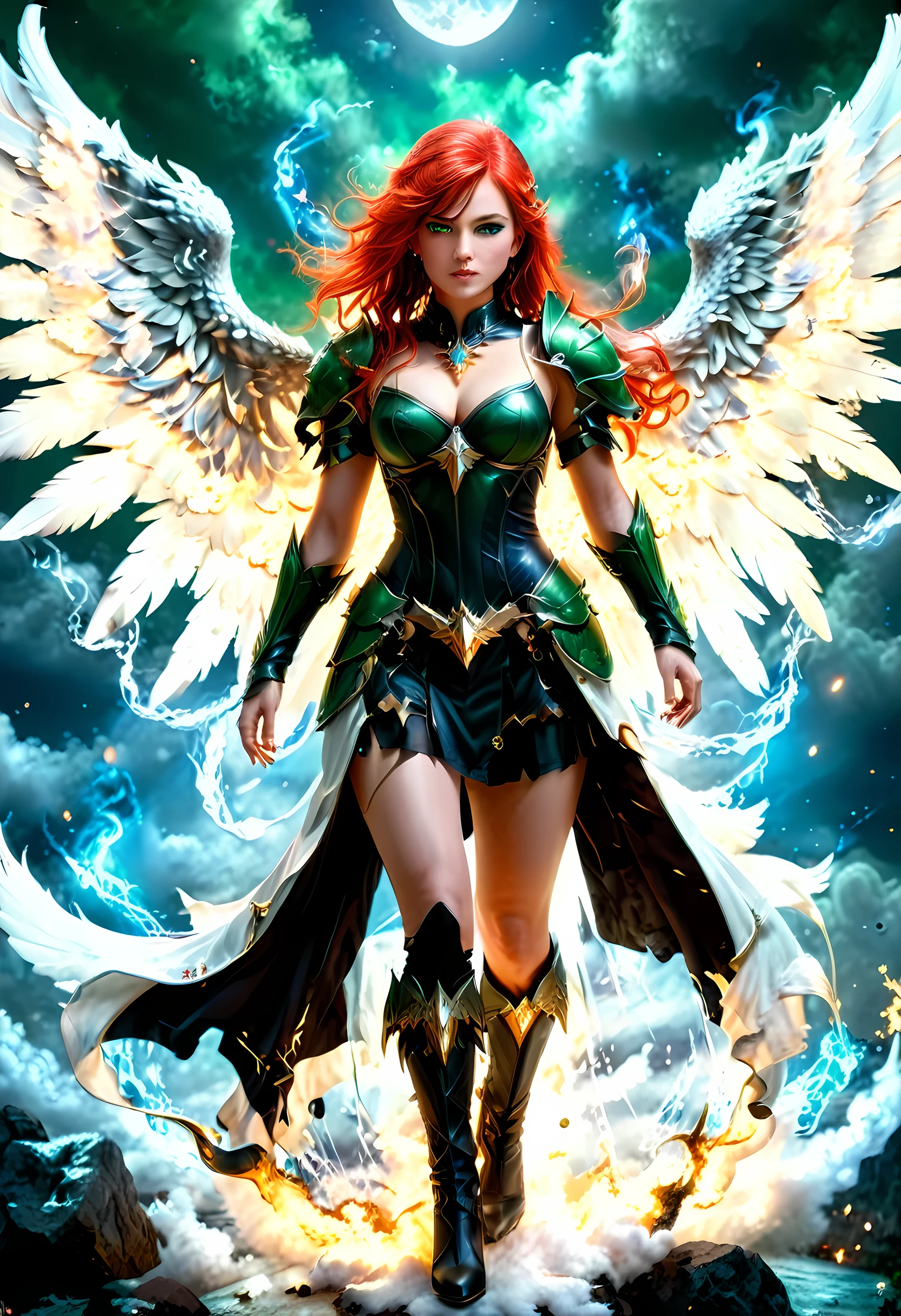 16k, ultra detailed, masterpiece, best quality, (extremely detailed), arafed, dnd art, panoramic view, full body, aasimar, female, (Masterpieceת intense details:1.3), female, sorceress, casting flaming spell(Masterpieceת intense details:1.3) large feathered wings,(white: 1.3) angelic wings spread (Masterpieceת intense details:1.3), fantasy magical heaven background (Masterpieceת intense details:1.3), moon, stars, clouds, wearing (azure: 1.3) armor (Masterpieceת intense details:1.3), high heeled boots (Masterpieceת intense details:1.3), armed with staff, (red hair: 1.4), (green eyes: 1.4), intense eyes, ultra feminine, ultra detailed face, (Masterpieceת intense details:1.5), (anatomically correct: 1.5), determined face, divine light, cinematic lighting, soft light, silhouette, photorealism, panoramic view ((Masterpieceת intense details:1.3) , Wide-Angle, Ultra-Wide Angle, 16k, highres, best quality, faize, 2.5D rendering, angel