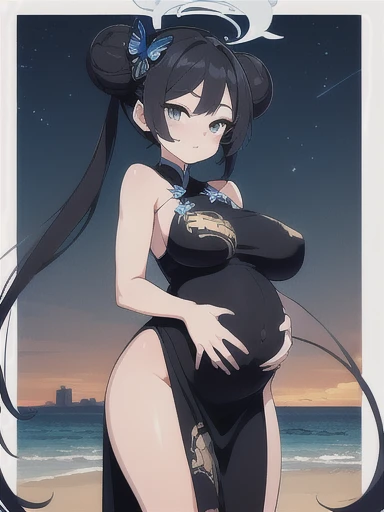 (masterpiece, best quality), 1girl, kisaki, grey eyes, black hair, hair bun, double bun, twintails, butterfly hair ornament, halo, huge breasts, side boob, see through china dress, black dress, sleeveless, dragon print, gloves, closed mouth, solo, cowboy shot, night sky, beach, hands on belly, contrapposto, spread armpits, looking at viewer, best quality, smile, pregnant, fullbody, stoic expression, office building