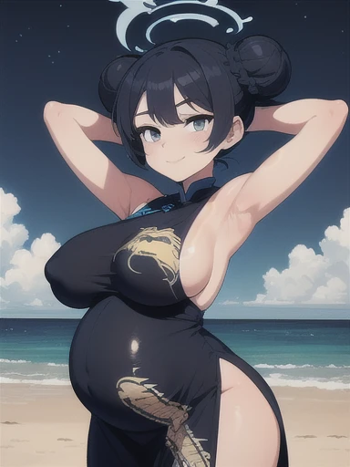 (masterpiece, best quality), 1girl, kisaki, grey eyes, black hair, hair bun, double bun, twintails, butterfly hair ornament, halo, huge breasts, side boob, see through china dress, black dress, sleeveless, dragon print, gloves, closed mouth, solo, cowboy shot, night sky, beach, hands on belly, contrapposto, spread armpits, looking at viewer, best quality, smile, pregnant, fullbody, stoic expression, office building