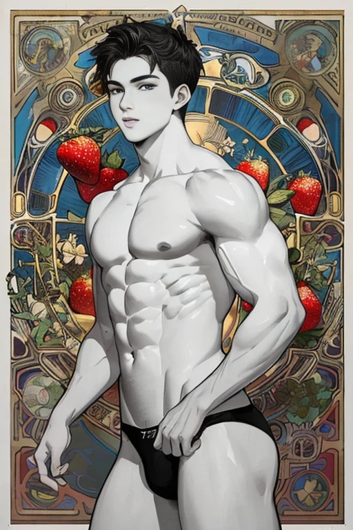 masterpiece, ((masterpiece)), Best quality, complex parts, perfect Whimsical,  highly detailed painting by alphonse mucha gentle, a little feminine face, detailed face, Highly detailed and fine figurine, ultra-realistic, detailed body, detailed pectoral muscles, ((Boy's focus)), detailed muscles, convex, (((A handsome boy, ))), athletic build, ((ideal body) Painting, bullfighter, among fruits and berries  frivolous young  18 year old, fitness body, voluminous,  elastic buttocks, Tanga panties, playful look, aesthetically pleasing, beautiful, yaoi, super-detailed, high quality. Only male gender, guys, boys  