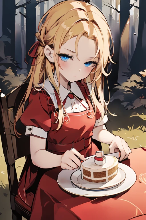 (8k, highest quality, Tabletop:1.2)、Ultra-high resolution, Detailed face, One 10-year-old girl, blue eyes, Blonde, Braid, Long Hair, Red ribbon on head, Red dress, White apron, blue sky, in the forest, wood々, table cloth, Set of cake and tea on the table, Sit on a chair
