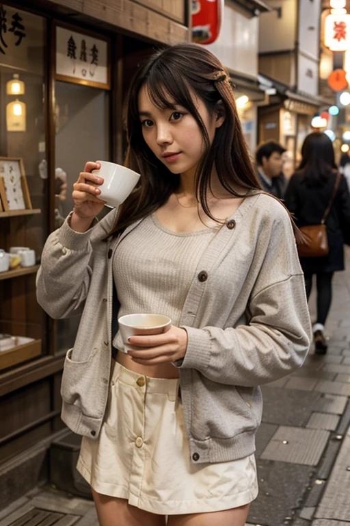 Thin small bust thin Japanese girl in warm casual clothes drinking tea on street in Japan