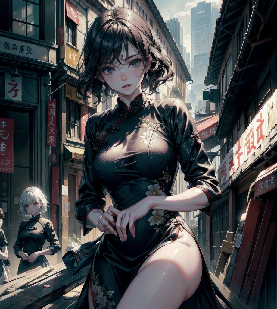 absurdres, RAW photo, extremely delicate and beautiful, masterpiece, Best Quality, ultra high resolution, 32k, hyperrealistic, ultra-detailed, detailed description, perfect anatomy, pale skin, 20 years old, detailed beautiful face and eyes, tearful mole, earring, short medium hair, wavy hair, whole body shot, big tits, yuri, ((2 girls)), ((cheongsam)), outdoor,