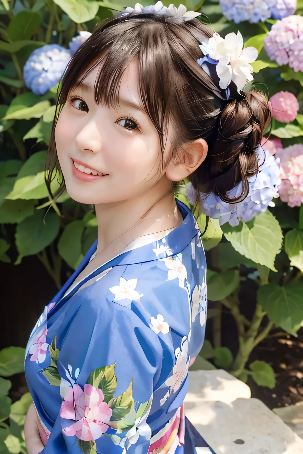 8k、highest quality、masterpiece、Portraiture、１People cute girl、(Up shot close up)、slim、(((Flat body)))、Hydrangea background、Wearing a blue yukata with hydrangea pattern、Bun Hair、Open Front、looking back、Happy Smile