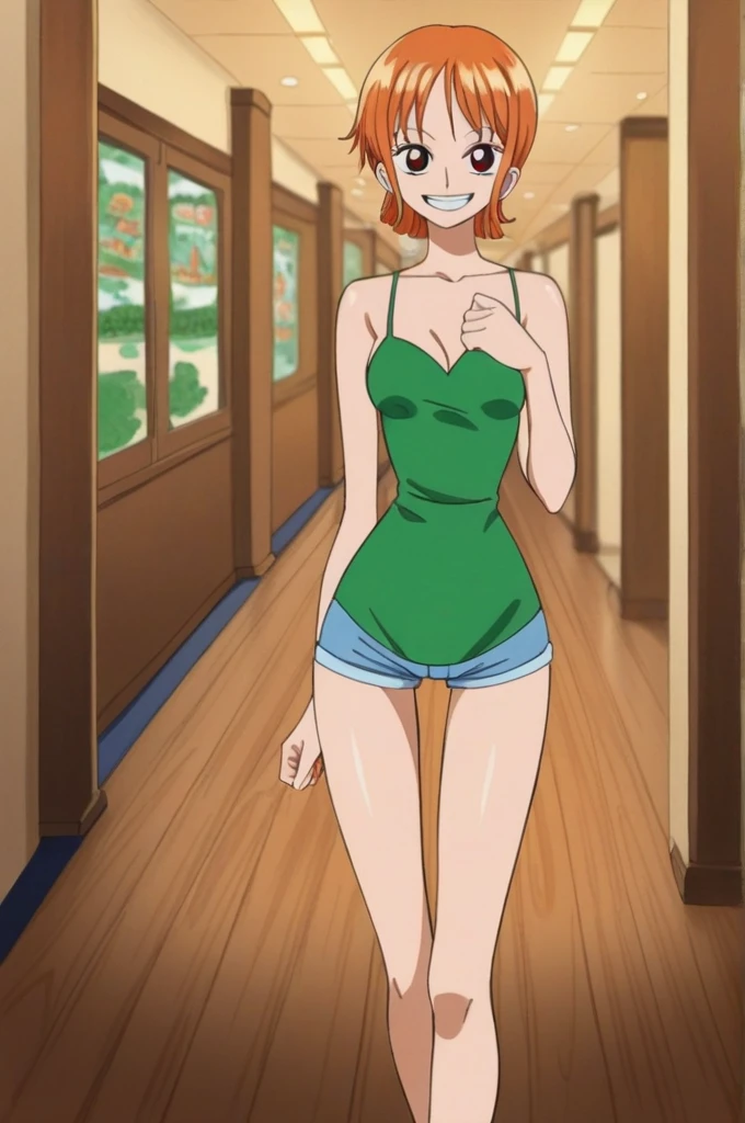 Nami,orange hair,red eyes,small breasts,slender waist,narrow waist,smile,casino,short hair, casual clothes, sexy clothes, bare legs, hallway, wooden floor