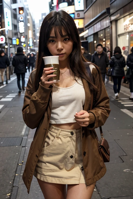 Thin small bust thin Japanese girl in warm casual clothes drinking tea on street in Shibuya 