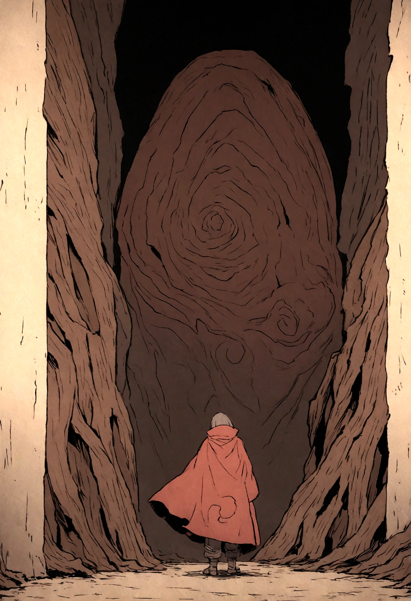 masashi kishimoto&#39;s comic art, robot surrounded by wood and metal textures, wearing an akatsuki cloak with scarves covering the neck, fundo um deserto vazio e quente