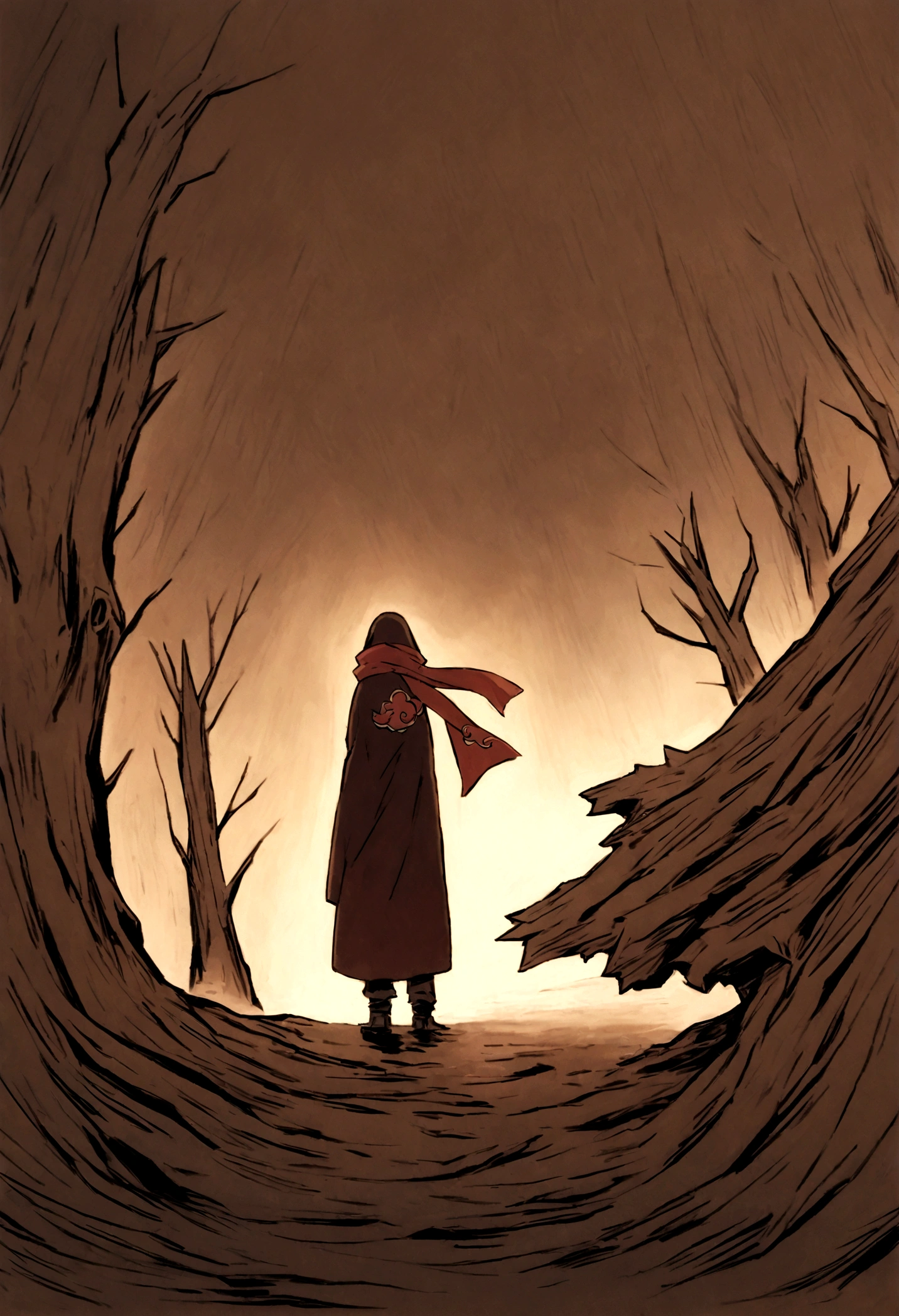 masashi kishimoto&#39;s comic art, robot surrounded by wood and metal textures, wearing an akatsuki cloak with scarves covering the neck, fundo um deserto vazio e quente