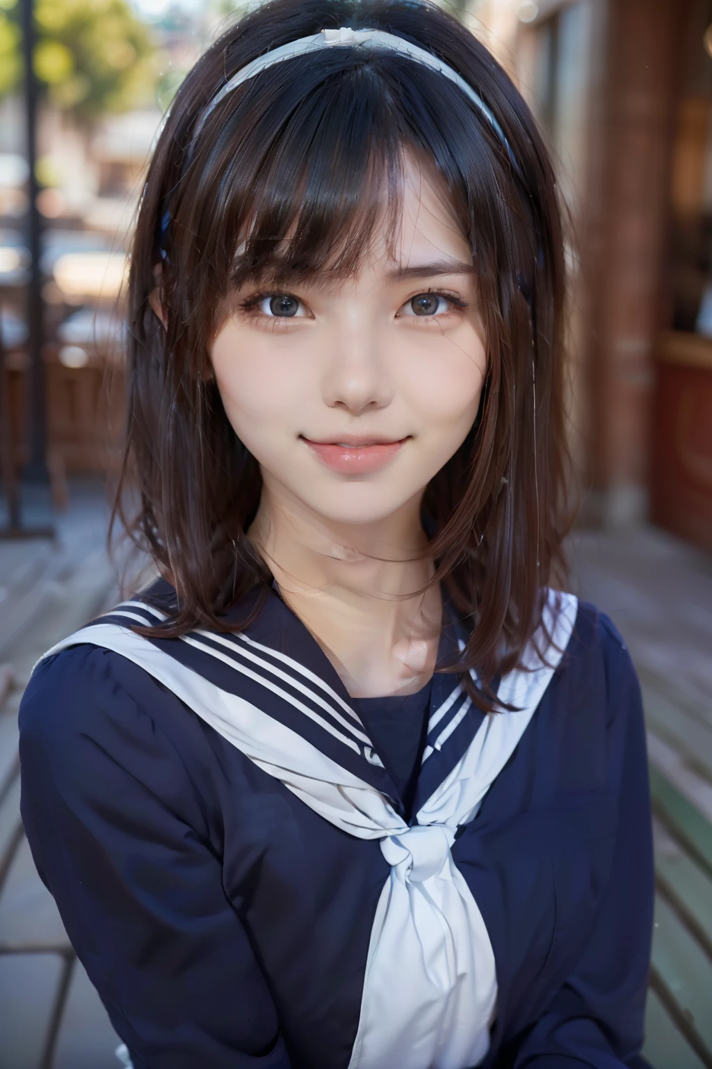 Sailor suit, One Woman, (Beautiful woman, delicate :1.3), Black Hair, Bobcut, bangs, (8k), (highest quality: 1.2), (Realistic), (Realistic: 1.37), (masterpiece), (Ultra-high resolution), (RAW Photos), (Absolute Resolution), (((face is small compared to body: 1.4))), (((Small face:1.4))), A balanced face, (Small Mouth: 1.4), ((Slim female body: 1.4)), Black Hair, (((long sleeve Sailor suit))), Realistic high school girl, (((White headband))), Small breasts, Slanted Eyes, Bright Blue Eyes, (Cafe on the open terrace), smile, Blurred, ((Full Body Shot)), Black Stockings, Black garter belt, Three white lines on the collar of a sailor suit, cowboy shot,