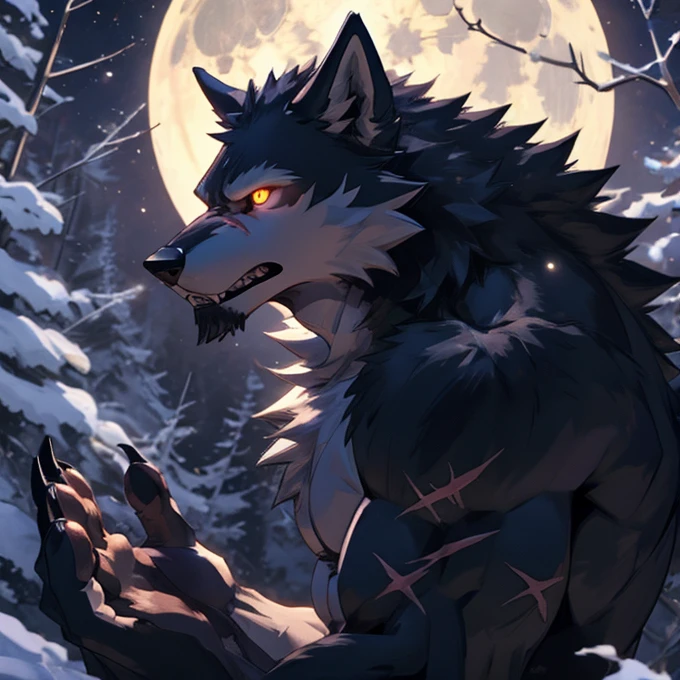 furry, anthro,
werewolf,wolf ears,wolf tail, dark grey and white fur, messy fur, yellow glowing eyes, razor sharp teeth, muscular body, handsome, monstrous,
looking up, howling at a full moon in a forest at night, alone,
naked, body covered in scars,
pawpads, black pawpads,
best quality, 4K, UHD, masterpiece,