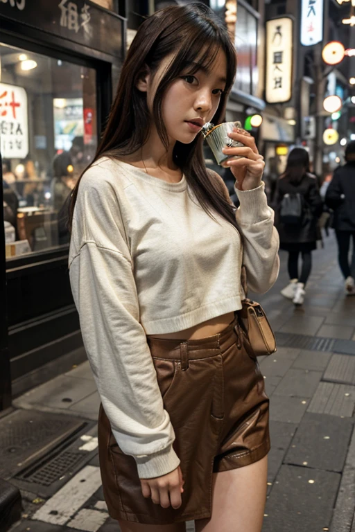 Thin small bust thin Japanese girl in warm casual clothes drinking tea on street in Shibuya 