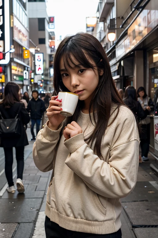 Thin small bust thin Japanese girl in warm casual clothes drinking tea on street in Shibuya