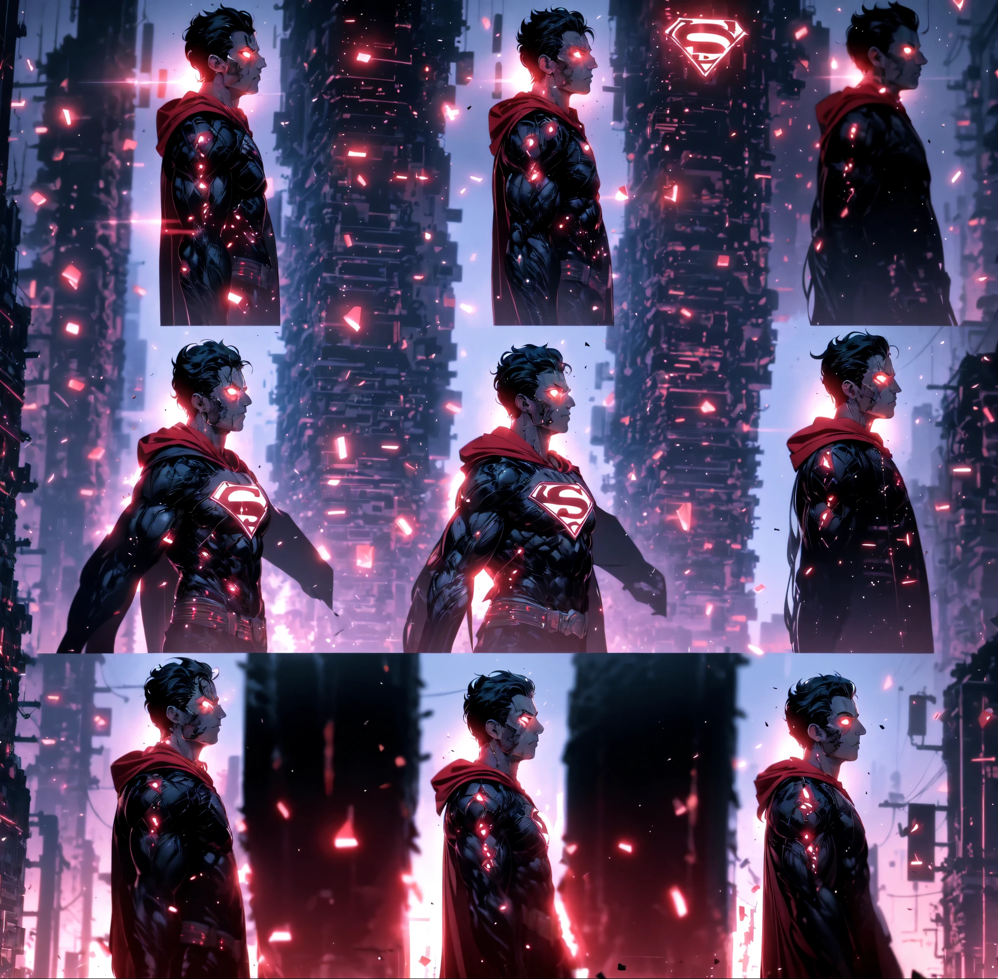 Dark portrait of DC's Zombie Cyborg Superman, extremely detailed, futuristic cityscape, night, glowing neon lights, smoke billowing, Sparks, Metal shavings, flying debris, blue energy effects, volumetric light