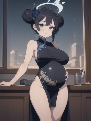 (masterpiece, best quality), 1girl, kisaki, grey eyes, black hair, hair bun, double bun, twintails, butterfly hair ornament, halo, huge breasts, side boob, see through china dress, black dress, sleeveless, dragon print, gloves, closed mouth, solo, cowboy shot, night sky, beach, hands on belly, contrapposto, spread armpits, looking at viewer, best quality, smile, pregnant, fullbody, stoic expression, office building, indoors, office, thigh gap