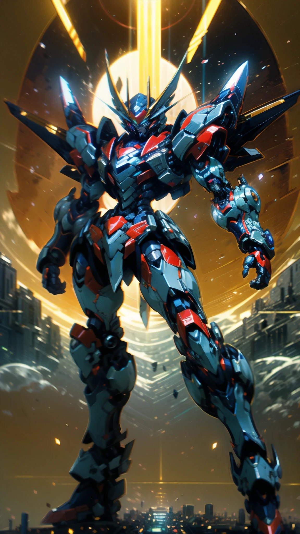 Humanoid Mecha, fully enclosed shoulder guards, matching arm and leg guards, full body, full armor, super robot, the design balances heavy with agility, (the color scheme is primarily white with red and blue accents, the concept Inspired by super robot, Lion concept chest armor, pose, standing, floating high above the futuristic sci-fi city), exquisite and mature art style, (aura effect, energy, glowing eyes, the armor glows), ((SRS)), metallic, dramatic, high definition, best quality, highres, ultra-detailed, ultra-fine painting, extremely delicate, professional, perfect body proportions, anatomically correct, symmetrical face, extremely detailed eyes and face, high quality eyes, creativity, RAW photo, UHD, 32k, Natural light, cinematic lighting, masterpiece-anatomy-perfect, masterpiece:1.5