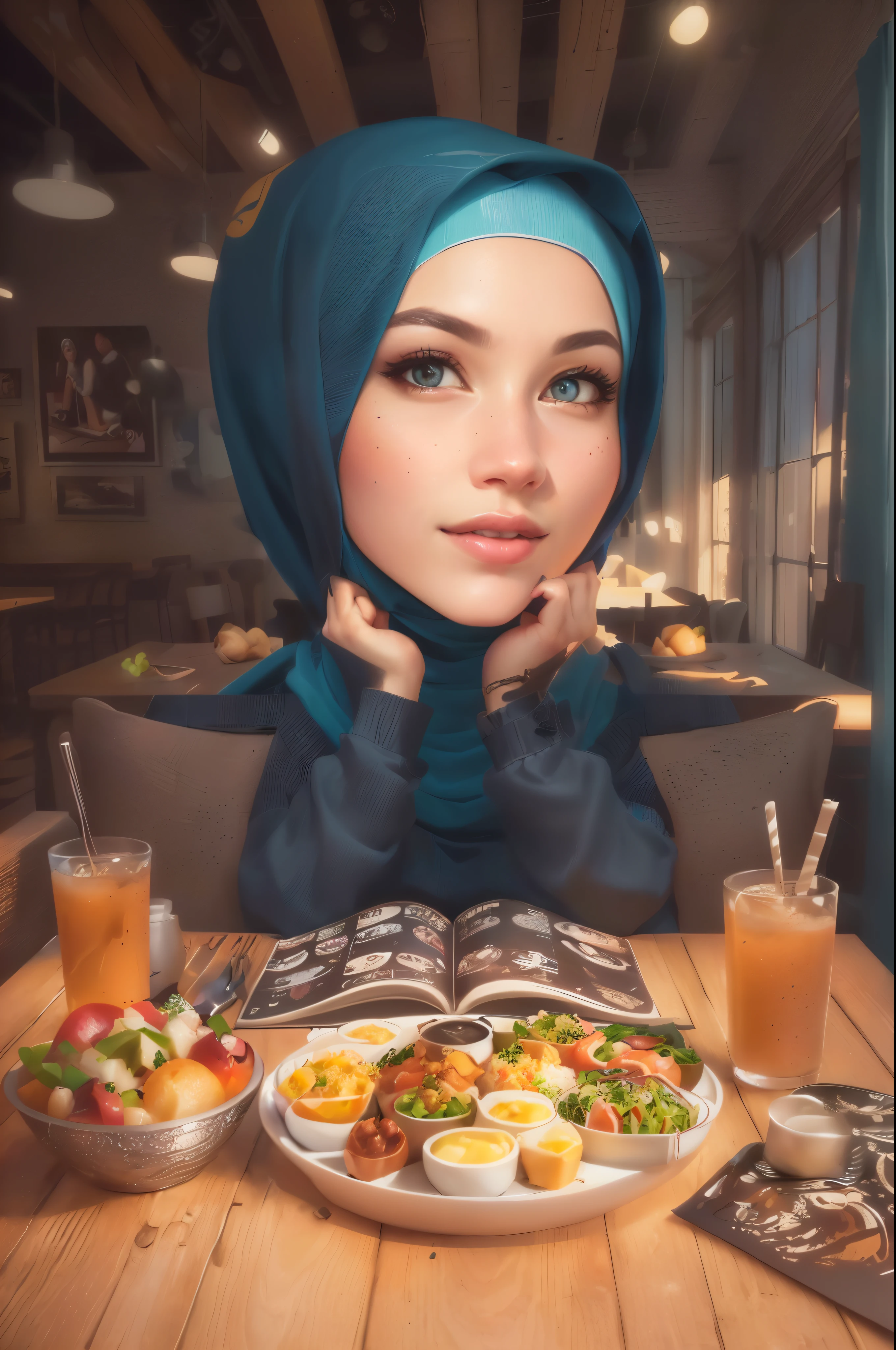 cartoon of a woman Wearing hijab, sitting at a table with a plate of food, realistic digital illustration, realism artstyle, realistic cartoon, hyperrealistic illustration, realistic illustration, realistic art, realistic artstyle, realistic portrait, realism art, realistic artwork, ultra realistic 3d illustration, cartoon style illustration, super realistic food picture, realistic art style, realistic digital art