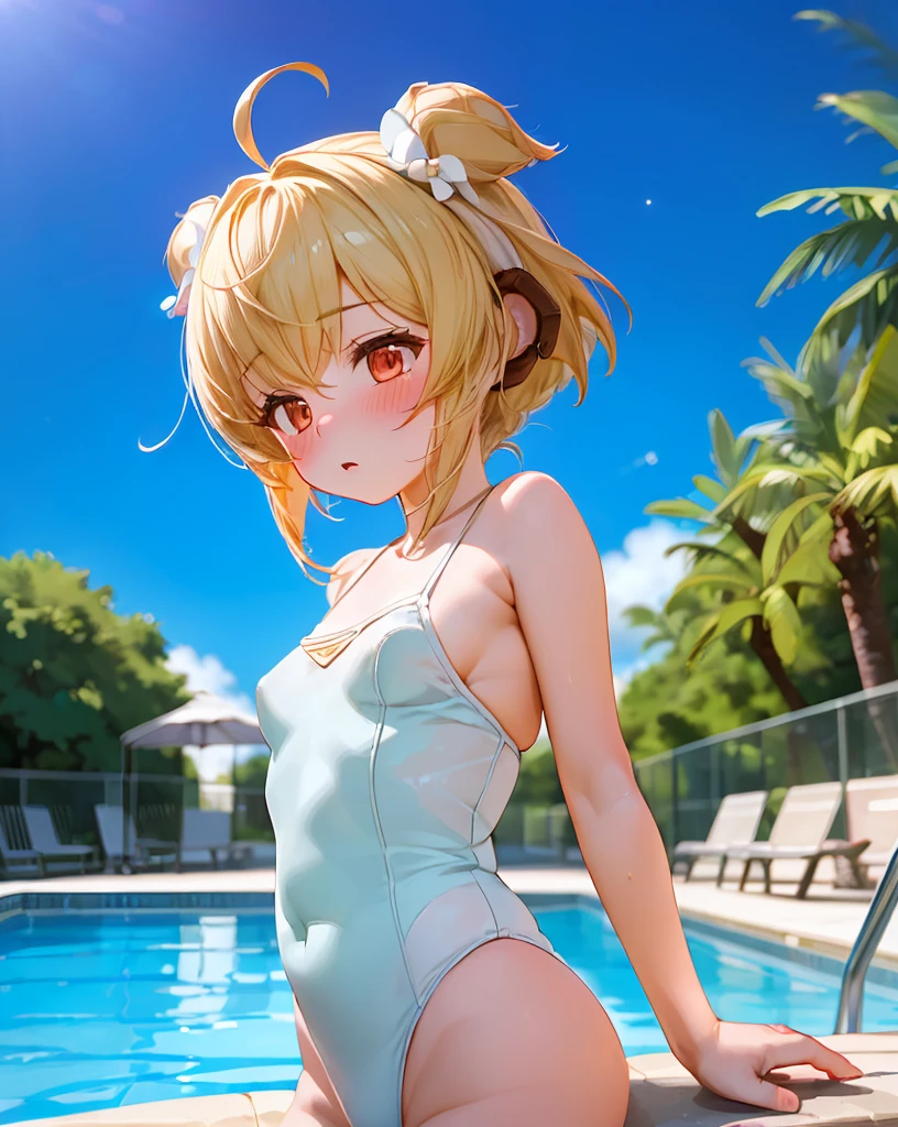 pillow,Outdoor,((Pool,White leotard,just))(highest quality), (masterpiece), (High resolution), original, Very detailed8K壁紙,((Very detailed)), Very detailed,(1 girl, alone:1.2), (blush:1.2),,,((High resolution)),(Small breasts:1.10),(highest quality:1.2)Small breasts,