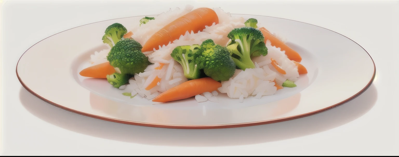 cartoon girl sitting at table with plate of broccoli, sliced carrots, rice and beans,