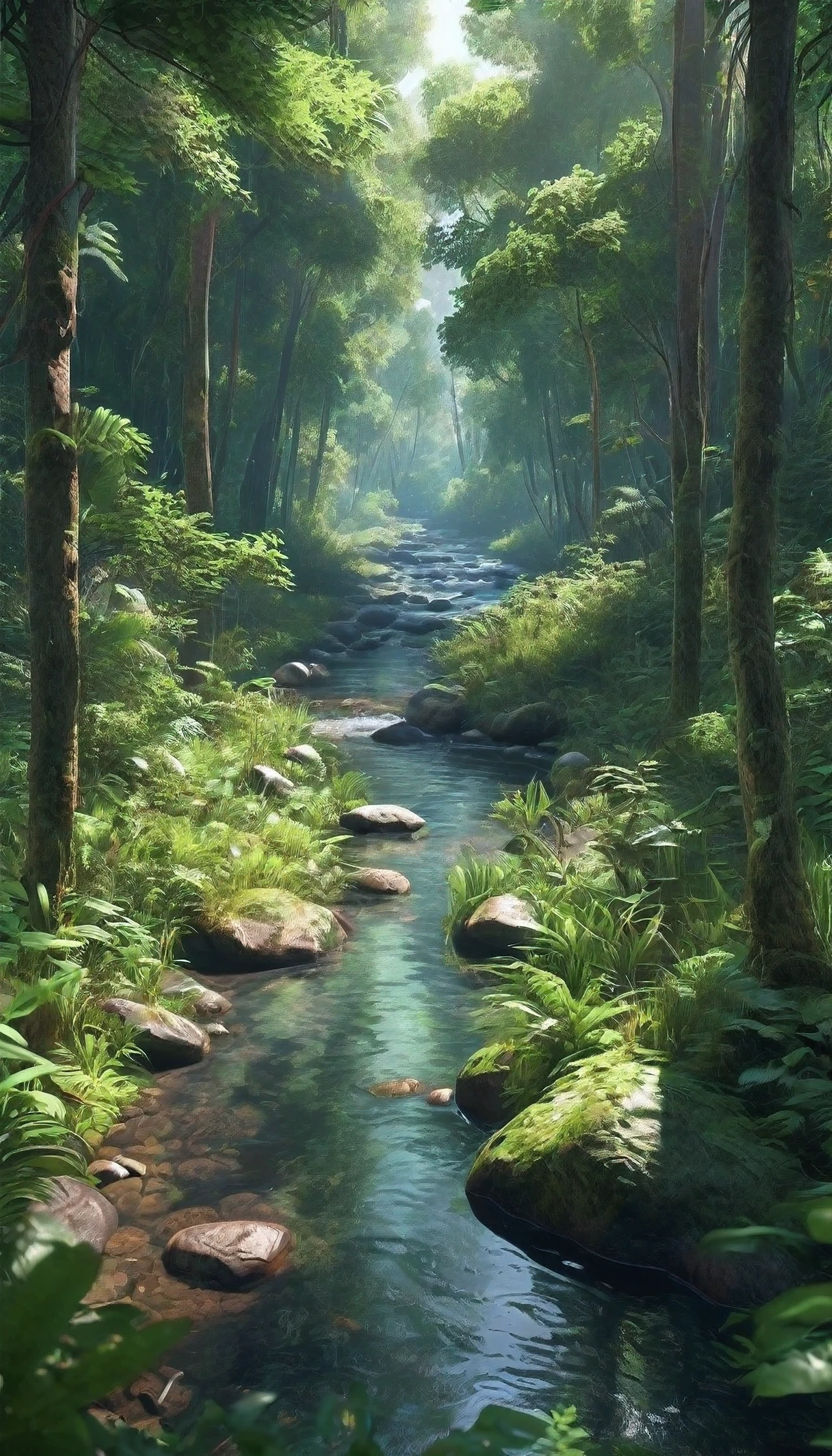 Deep inside a really dense forest, along a stream, diverse flora and fauna, beautiful and aesthetic, realistic, clean, highres, high quality, masterpiece