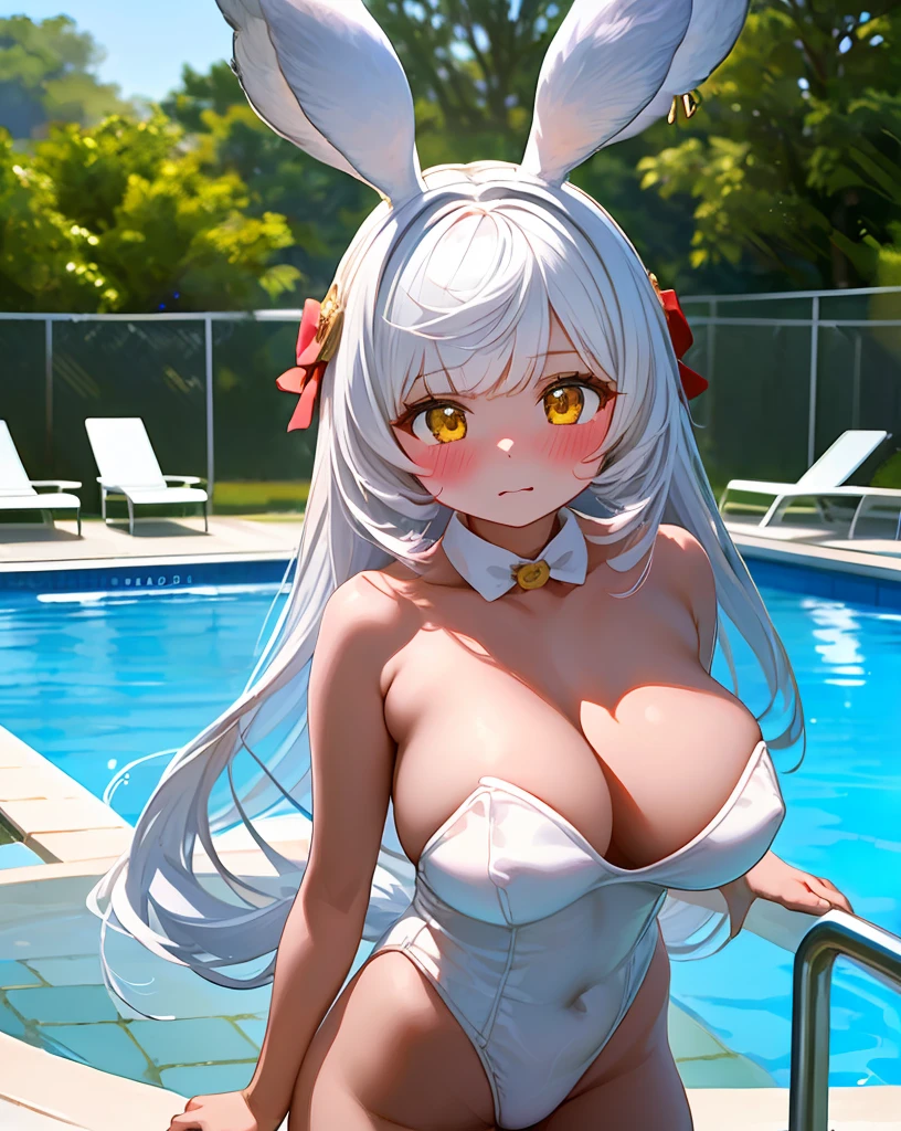 pillow,Outdoor,((Pool,White leotard,just))(highest quality), (masterpiece), (High resolution), original, Very detailed8K壁紙,((Very detailed)), Very detailed,(1 girl, alone:1.2), (blush:1.2),,,((High resolution)),(Large Breasts:1.10),(highest quality:1.2)Small breasts,Bunny ears