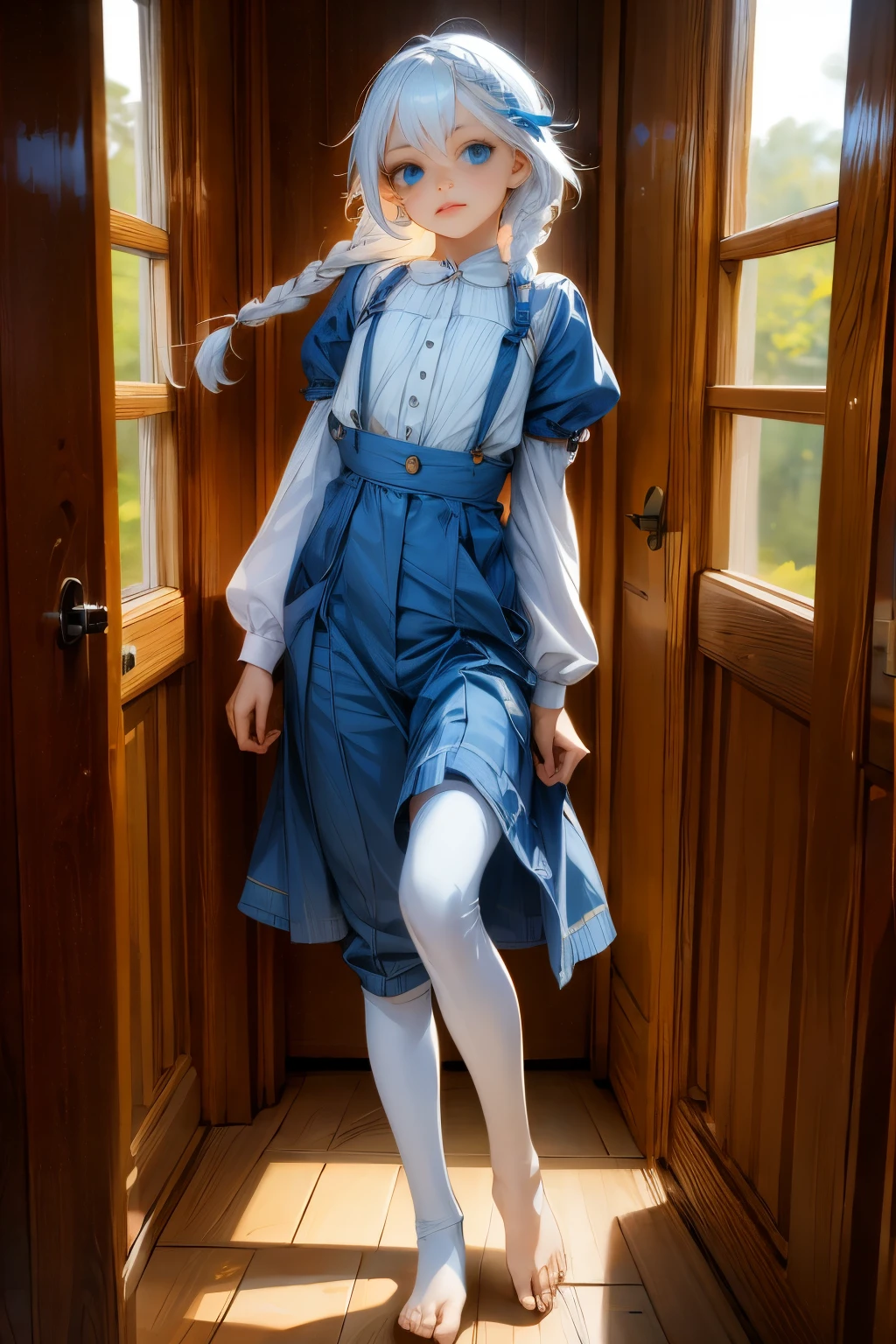1girl, orange sleeves, white hair, white skin, light blue hair ornament, blue suspenders, blue clothes, light blue eyes, bare feet, double braids