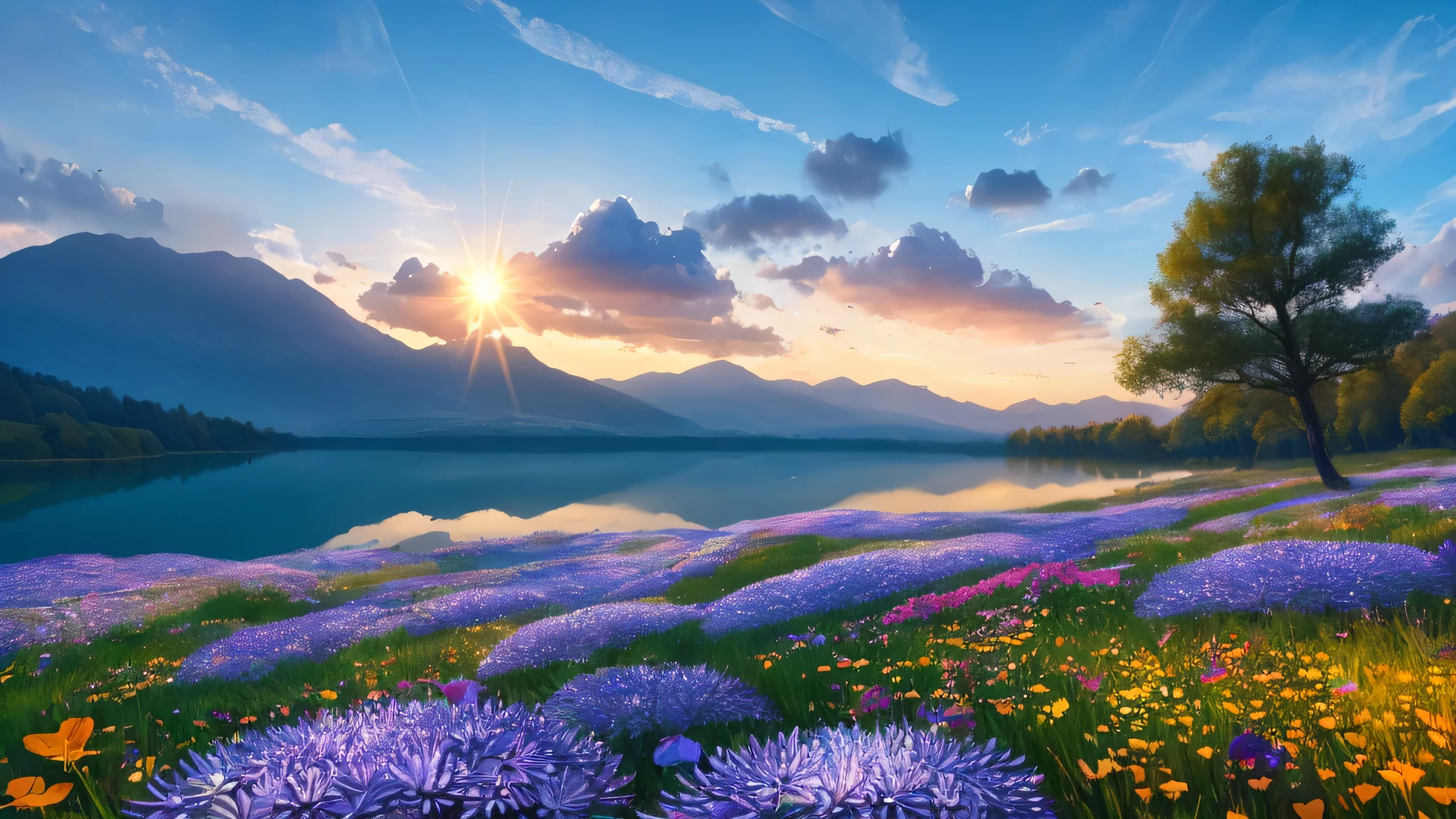There is a forested plain nearby.,Flowers are blooming on the plains,There is a lake,There are stones,hazy mountain in the distance々i can see,The sky was filled with clouds,The sun rises,Starlight,Watercolor Asters