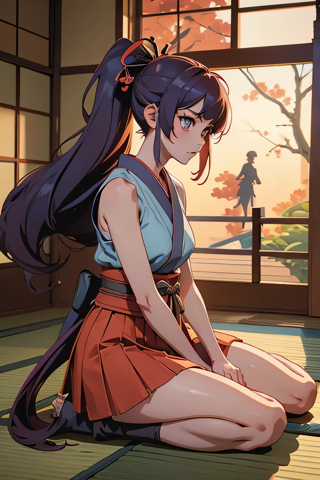 High quality, anime style, female, half crouching, right leg forward, right hand holding katana, left hand holding scabbard, slender, kimono, sleeveless, miniskirt, reddish ponytai, Facing diagonally forward to the right, Tatami mats on the floor, folding screens on the walls,