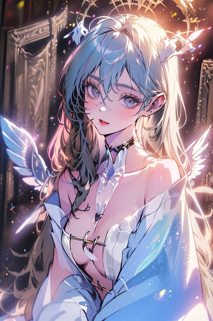 (masterpiece, best quality, CGI, official art:1.2), (stunning celestial being:1.3), (iridescent wings:1.4), shimmering silver hair, piercing sapphire eyes, gentle smile, (luminous aura:1.2), soft focus, whimsical atmosphere, serene emotion, dreamy tone, vibrant intensity, ethereal aesthetic, pastel colors with (soft pink accents:1.1), warm mood, soft golden lighting, diagonal shot, looking up in wonder, surrounded by (delicate clouds:1.1) and (shimmering stardust:1.2), focal point on the being's face, intricate textures on wings and clothes, highly realistic fabric texture, atmospheric mist effect, high image complexity, detailed environment, subtle movement of wings, dynamic energy.