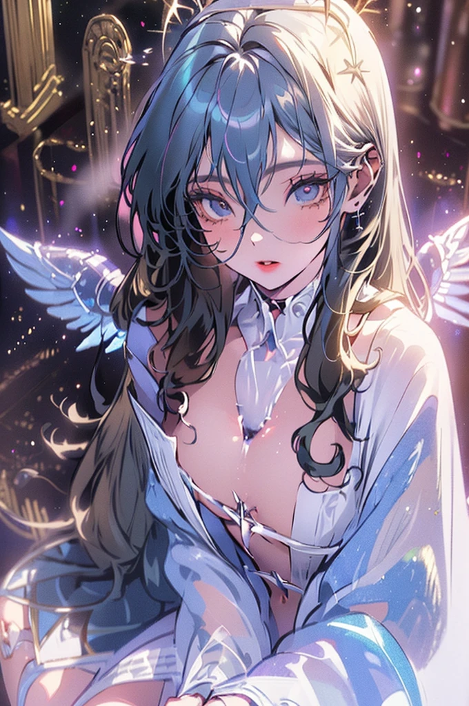 (masterpiece, best quality, CGI, official art:1.2), (stunning celestial being:1.3), (iridescent wings:1.4), shimmering silver hair, piercing sapphire eyes, gentle smile, (luminous aura:1.2), soft focus, whimsical atmosphere, serene emotion, dreamy tone, vibrant intensity, ethereal aesthetic, pastel colors with (soft pink accents:1.1), warm mood, soft golden lighting, diagonal shot, looking up in wonder, surrounded by (delicate clouds:1.1) and (shimmering stardust:1.2), focal point on the being's face, intricate textures on wings and clothes, highly realistic fabric texture, atmospheric mist effect, high image complexity, detailed environment, subtle movement of wings, dynamic energy.