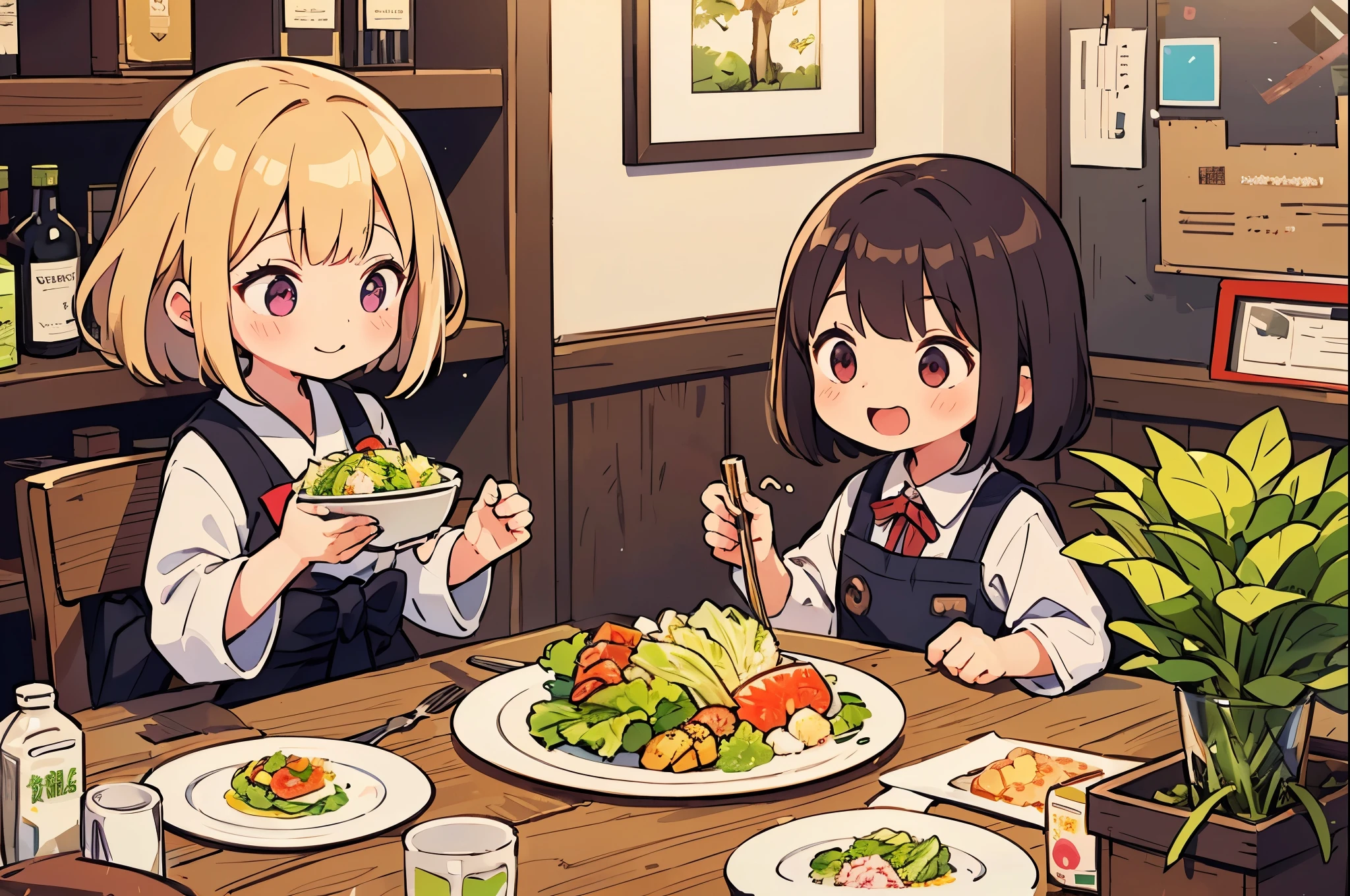 ((masterpiece, highest quality)), Japanese, 2 girls, cute, Dressed as a clerk, clothes, Eating lots of shredded cabbage, There is a bottle of dressing on the table., Torn lettuce on a plate, Looks happy